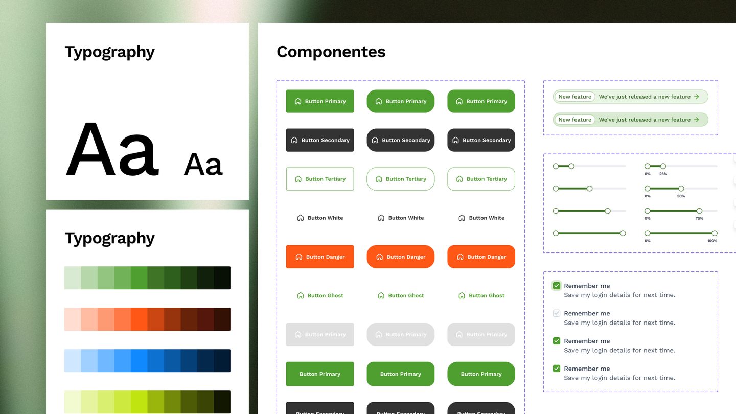 The design system: the typographic scale, the colour ramps and the components the two products share.