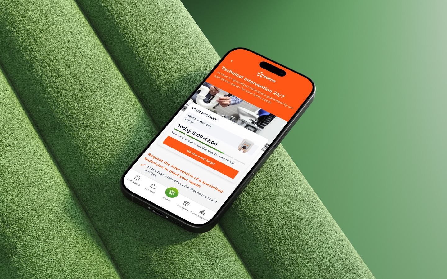 A technical intervention in the app, with the time slot for the visit and the technician on the way.