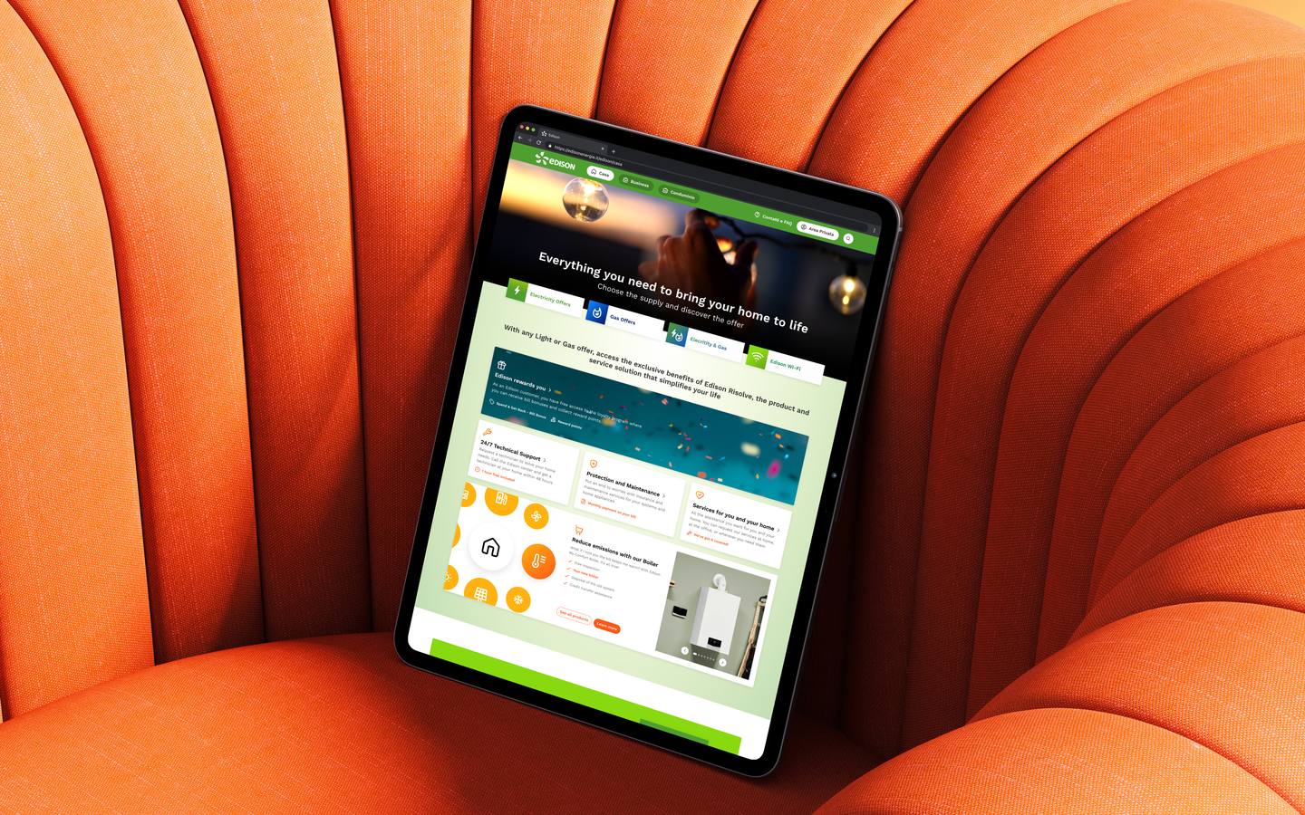 The Edison site on a tablet, with the supply and the Risolve services on the same page.