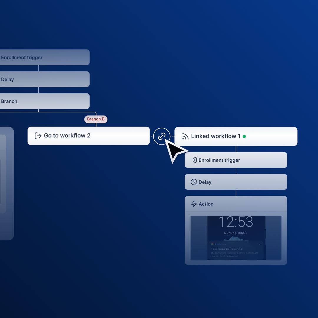 The workflow builder: one workflow handing over to another, with the steps of each in view.